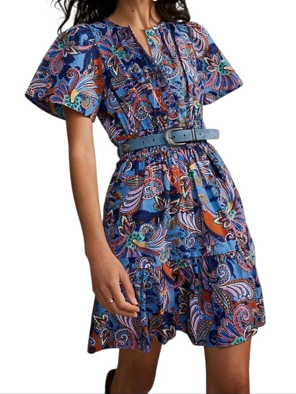 Anthro Somerset Mini Dress multicolor paisley print smocked waist tiered Sz S - Picture 1 of 16